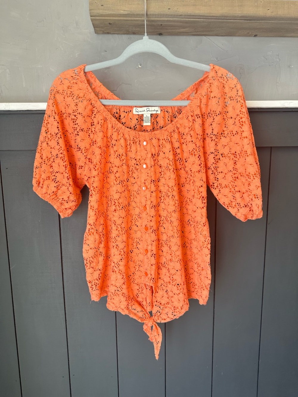 French Laundry Coral Orange Eyelet Lace Tie Front Short Sleeve Top size L